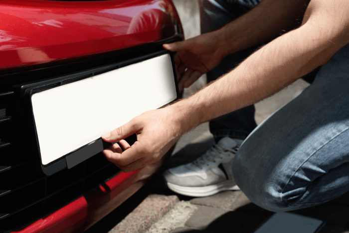 Plaque d'immatriculation posée sur une voiture, service de gestion de cartes grises